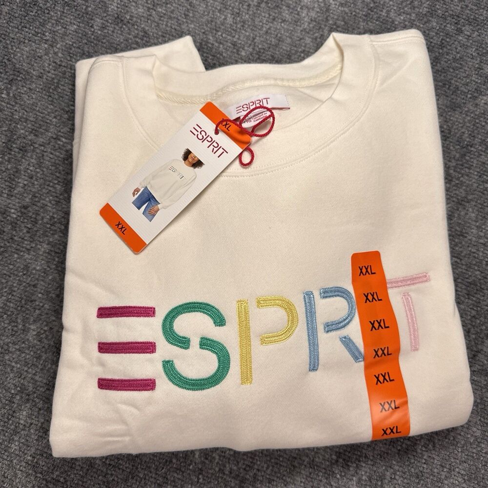 Esprit Women's Logo Fleece Crewneck Sweatshirt Cream Viral 80's Costco XXL NEW - Picture 2 of 6